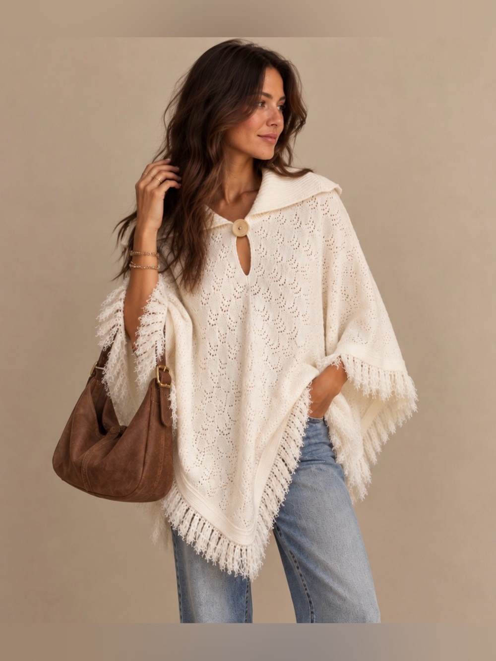 Urban Outfitters Tana Pointelle Fringe Poncho